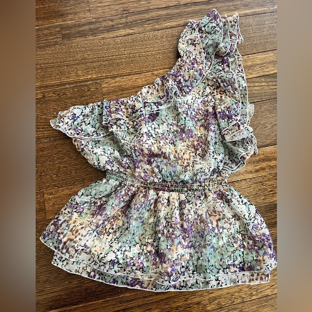 New Women’s Medium Floral Cute One Shoulder Top Ruffle Elastic Waist